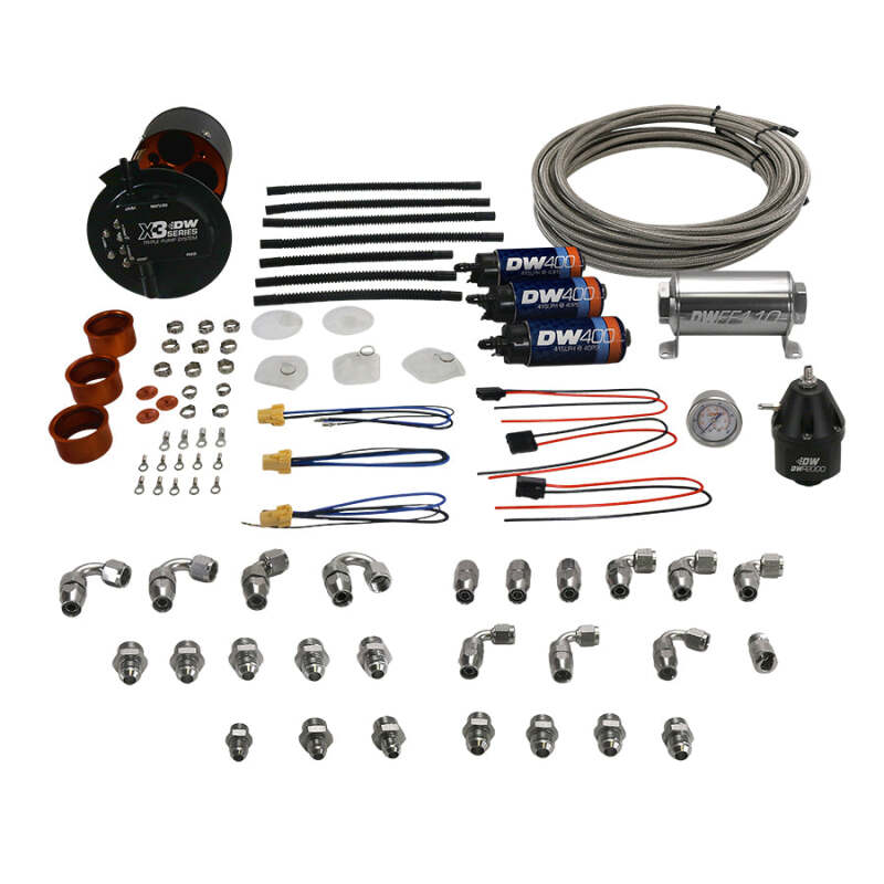 Load image into Gallery viewer, DeatschWerks X3 Series Fuel Pump Module w/ Triple DW400 Pumps/PTFE Plumbing Kit 11-24 Ford Mustang
