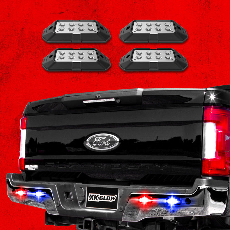 Load image into Gallery viewer, XK Glow Strobe Pod Lights w/ Traffic Modes Ultra LEDs Multiple Modes + Solid On - Red + Blue 4pc