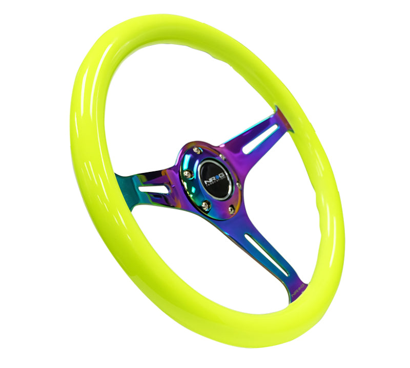 Load image into Gallery viewer, NRG Classic Wood Grain Steering Wheel (350mm) Neon Yellow Color w/Neochrome Spokes