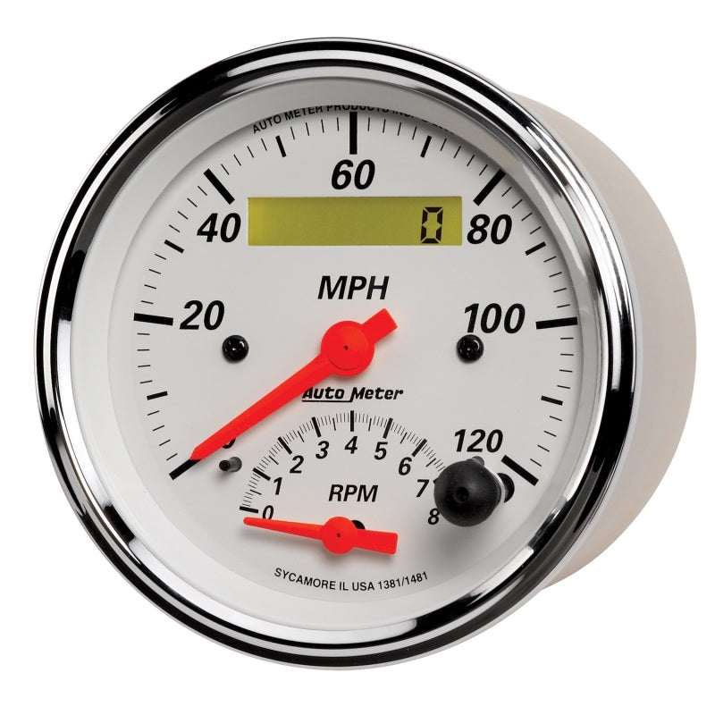 Load image into Gallery viewer, AutoMeter Gauge Tach/Speedo 3-3/8in. 120MPH & 8K RPM Elec. Program. Arctic White