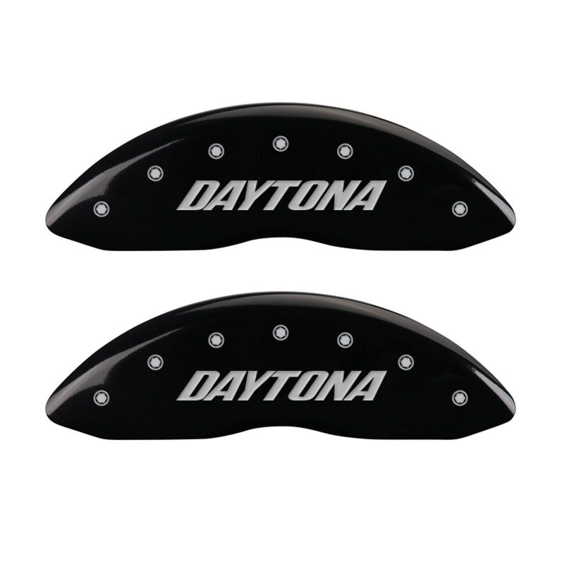 Load image into Gallery viewer, MGP 4 Caliper Covers Engraved Front & Rear Daytona Black finish silver ch