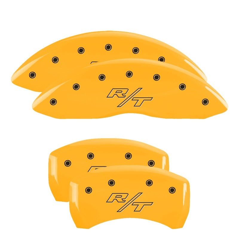 Load image into Gallery viewer, MGP 4 Caliper Covers Engraved Front & Rear Vintage Style/RT Yellow finish black ch