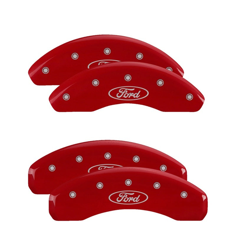 Load image into Gallery viewer, MGP 4 Caliper Covers Engraved Front & Rear Oval logo/Ford Red finish silver ch