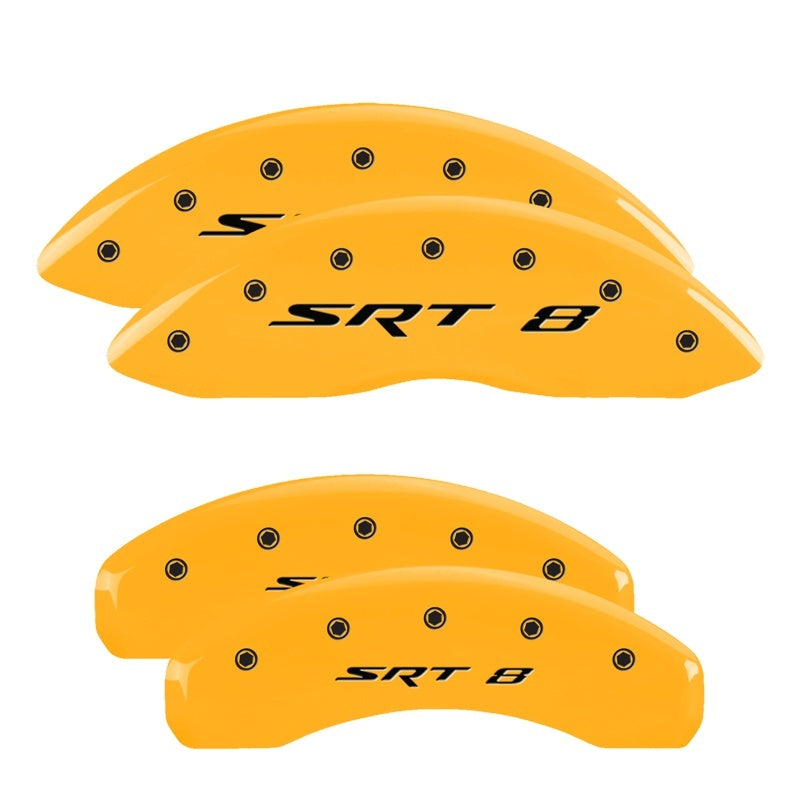 Load image into Gallery viewer, MGP 4 Caliper Covers Engraved Front & Rear Srt8 Yellow Finish Black Char 2006 Jeep Commander