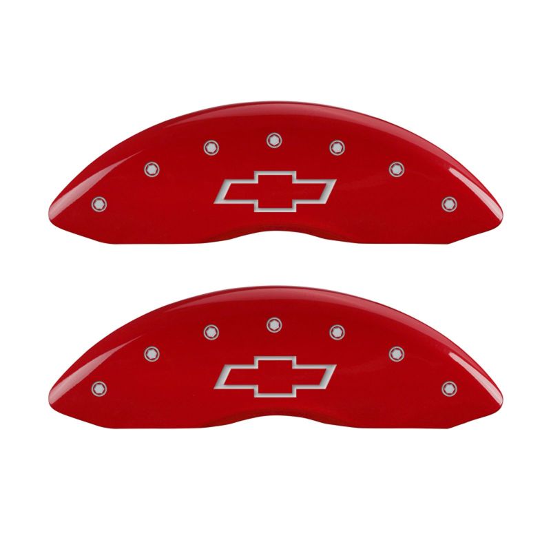 Load image into Gallery viewer, MGP Front set 2 Caliper Covers Engraved Front Bowtie Red finish silver ch