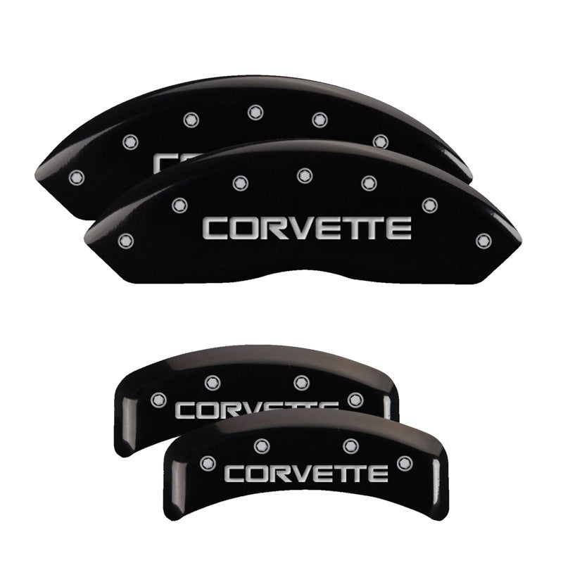 Load image into Gallery viewer, MGP 4 Caliper Covers Engraved F & R C4/Corvette Black Finish Silver Char 1988 Chevrolet Corvette