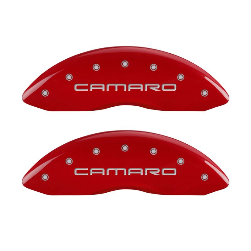 Load image into Gallery viewer, MGP 4 Caliper Covers Engraved Front & Rear Gen 4/Camaro Red finish silver ch