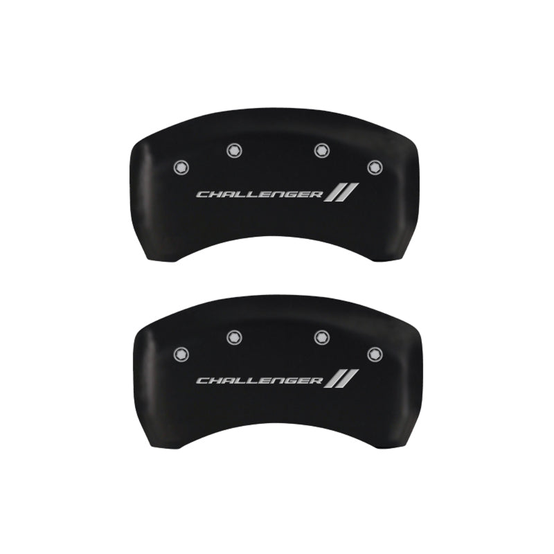 Load image into Gallery viewer, MGP 4 Caliper Covers Engraved Front & Rear With stripes/Challenger Red finish silver ch
