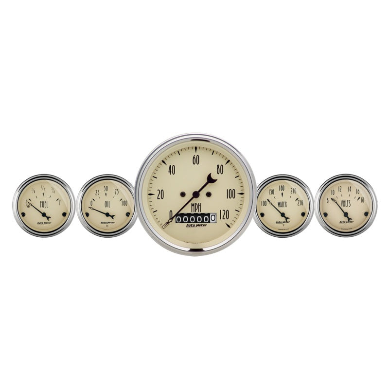 Load image into Gallery viewer, Autometer Antique Beige 5 Piece Kit 3-3/8in & 2-1/16 Elec. Speedometer Gauges