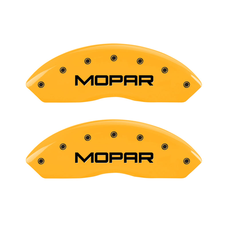 Load image into Gallery viewer, MGP 4 Caliper Covers Engraved Front & Rear MOPAR Yellow finish black ch