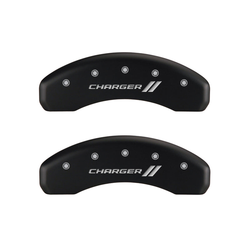 Load image into Gallery viewer, MGP 4 Caliper Covers Engraved Front & Rear With stripes/Charger Red finish silver ch