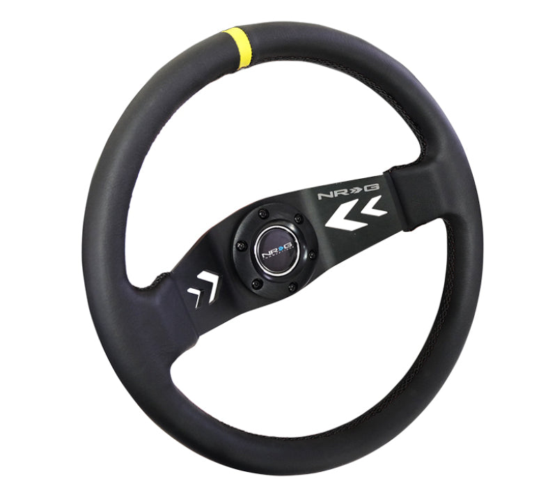 Load image into Gallery viewer, NRG Reinforced Steering Wheel (350mm / 3in Deep) Blk Leather w/NRG Arrow-Cut 2-Spoke & Sgl Yellow CM