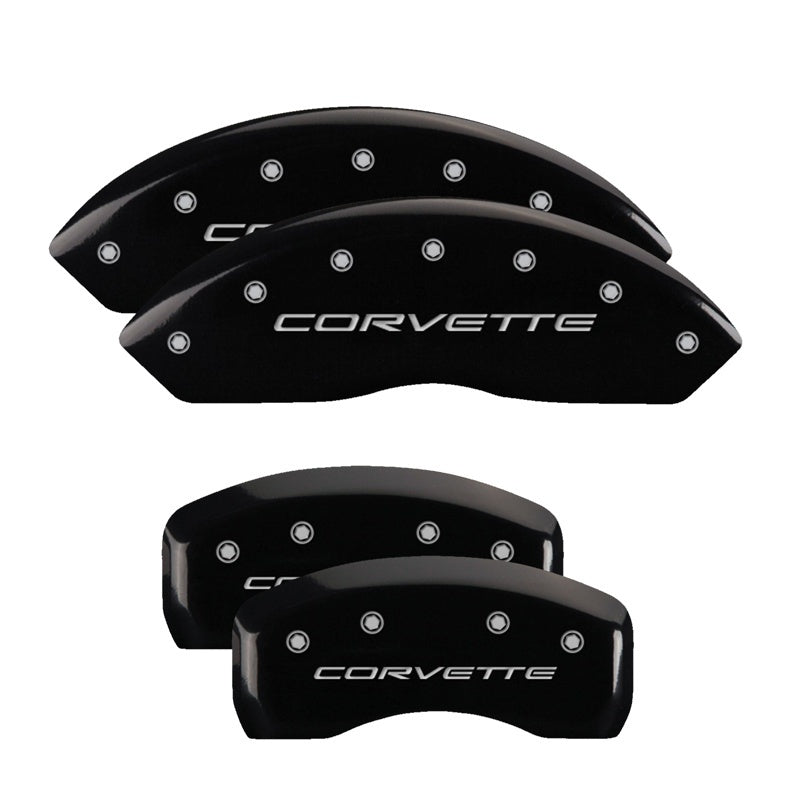 Load image into Gallery viewer, MGP 4 Caliper Covers Engraved Front & Rear C5/Corvette Black finish silver ch