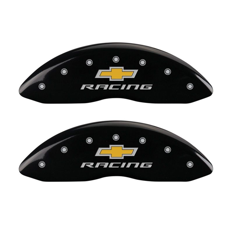 Load image into Gallery viewer, MGP 4 Caliper Covers Engraved Front & Rear Chevy racing Black finish silver ch