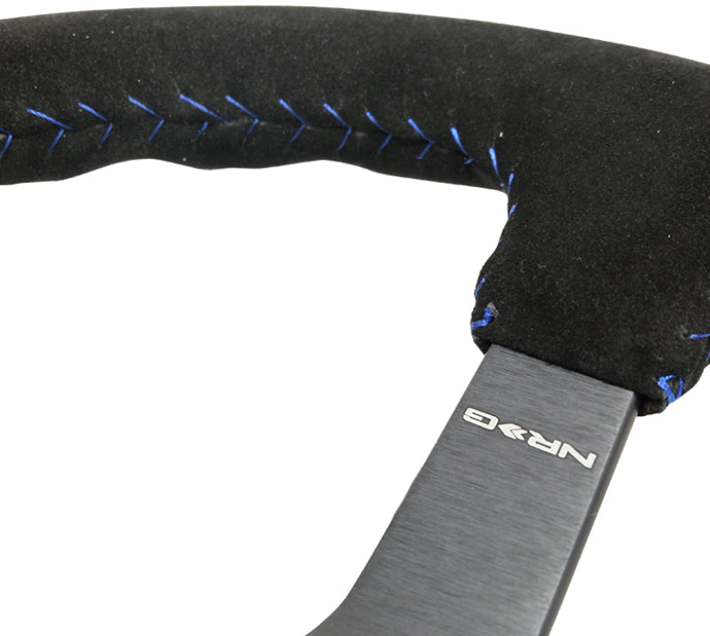 Load image into Gallery viewer, NRG Reinforced Steering Wheel (350mm / 3in. Deep) Blk Suede/Blue BBall Stitch w/5mm Matte Blk Spokes