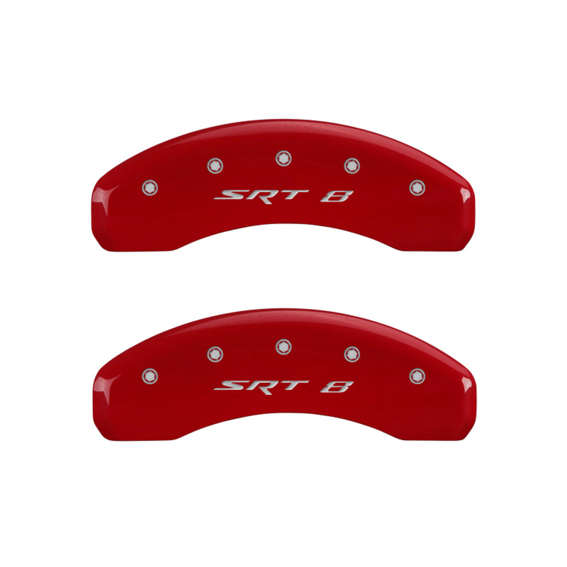 Load image into Gallery viewer, MGP 4 Caliper Covers Engraved Front & Rear SRT8 Red finish silver ch