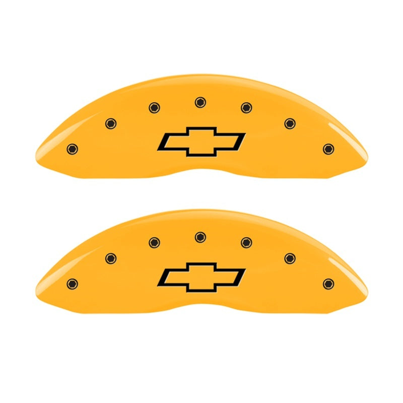 Load image into Gallery viewer, MGP 2 Caliper Covers Engraved Front Bowtie Yellow Finish Blk Char 05 Chevy Silverado 1500