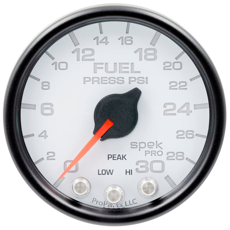 Load image into Gallery viewer, Autometer Spek-Pro Gauge Fuel Press 2 1/16in 30psi Stepper Motor W/Peak & Warn Wht/Blk