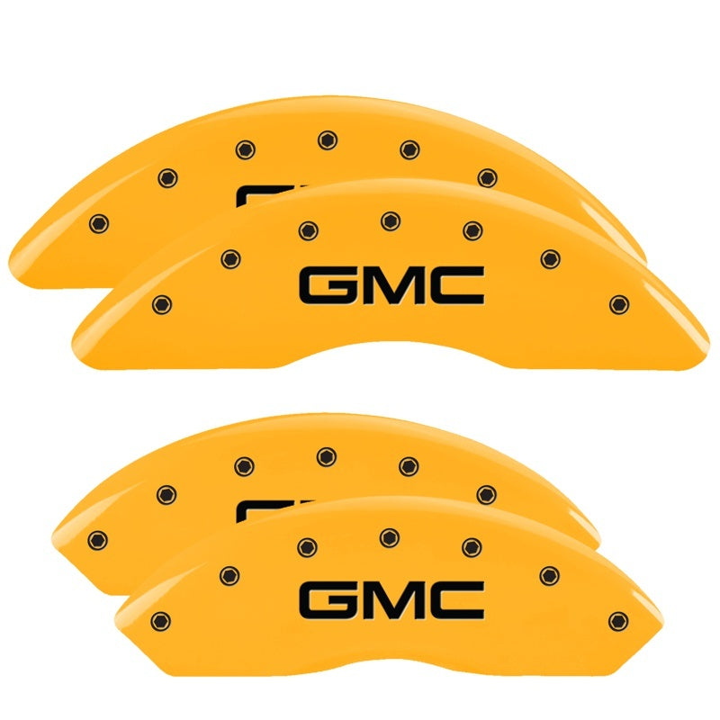 Load image into Gallery viewer, MGP 4 Caliper Covers Engraved Front & Rear Denali Yellow Finish Black Char 2003 GMC Safari