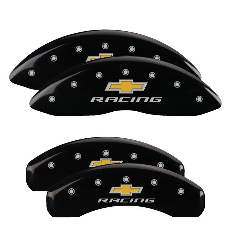 Load image into Gallery viewer, MGP 4 Caliper Covers Engraved Front & Rear Chevy racing Black finish silver ch
