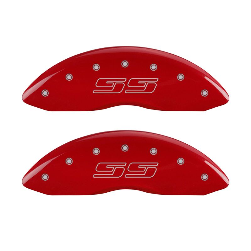 Load image into Gallery viewer, MGP 4 Caliper Covers Engraved Front & Rear Avalanche style/SS Red finish silver ch
