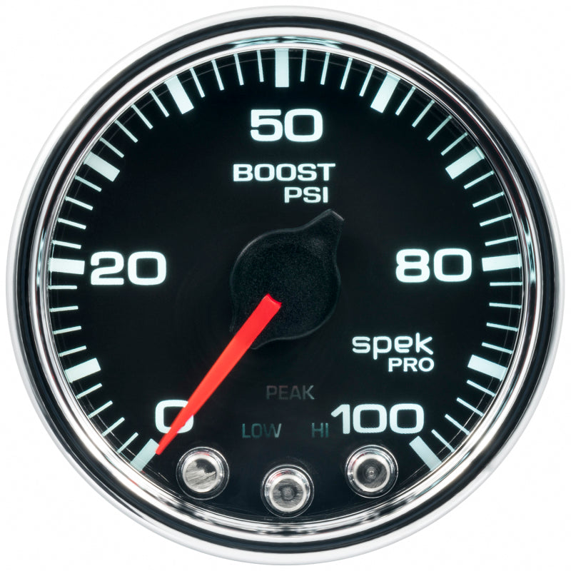 Load image into Gallery viewer, Autometer Spek-Pro Gauge Boost 2 1/16in 100psi Stepper Motor W/Peak & Warn Blk/Chrm