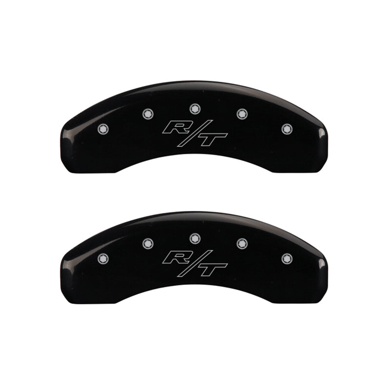 Load image into Gallery viewer, MGP 4 Caliper Covers Engraved Front Block/Challenger Engraved Rear Vintage Style/RT Blk fnsh slvr ch