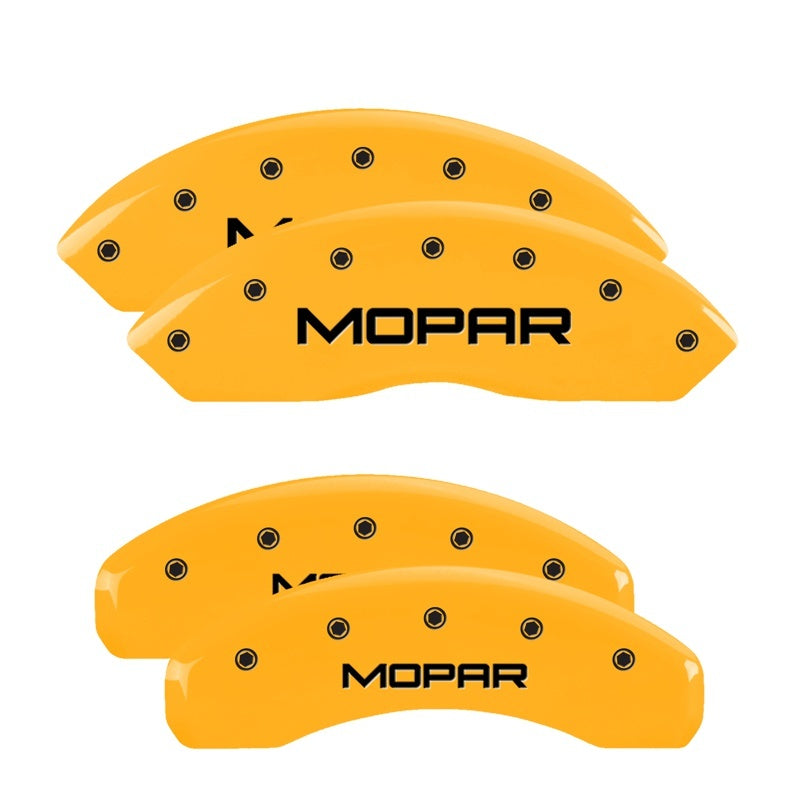 Load image into Gallery viewer, MGP 4 Caliper Covers Engraved Front & Rear Mopar Yellow Finish Black Char 2004 Jeep Wrangler
