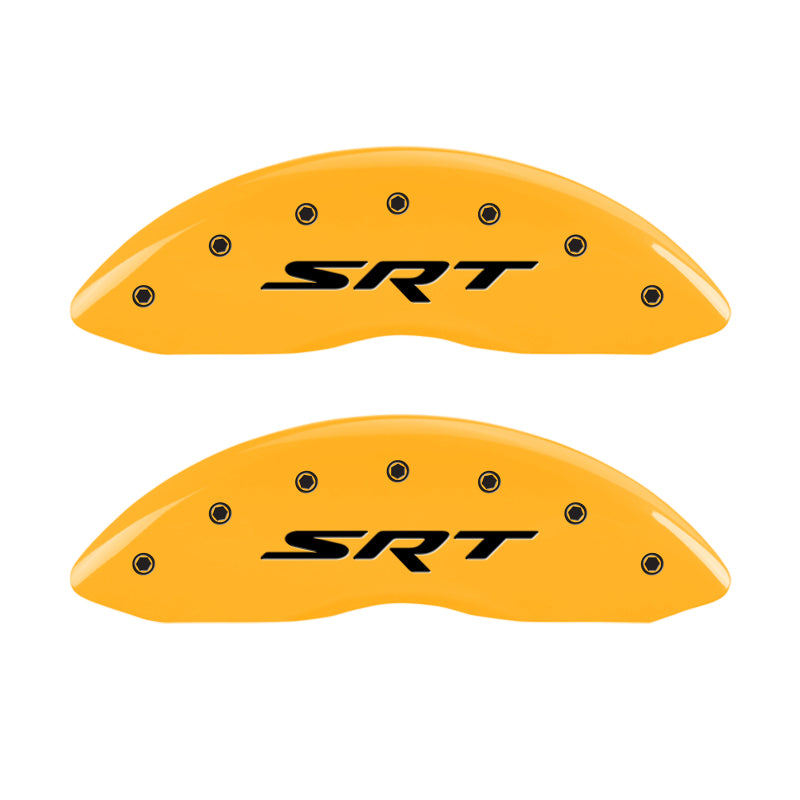Load image into Gallery viewer, MGP 4 Caliper Covers Engraved Front & Rear Srt Yellow Finish Black Char 2006 Jeep Commander