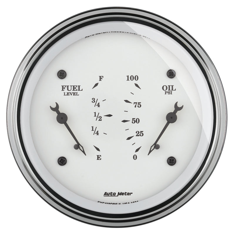 Load image into Gallery viewer, AutoMeter Gauge Dual Fuel & Oilp 3-3/8in. 0 Ohm(e) to 90 Ohm(f)& 100PSI Elec Old Tyme White