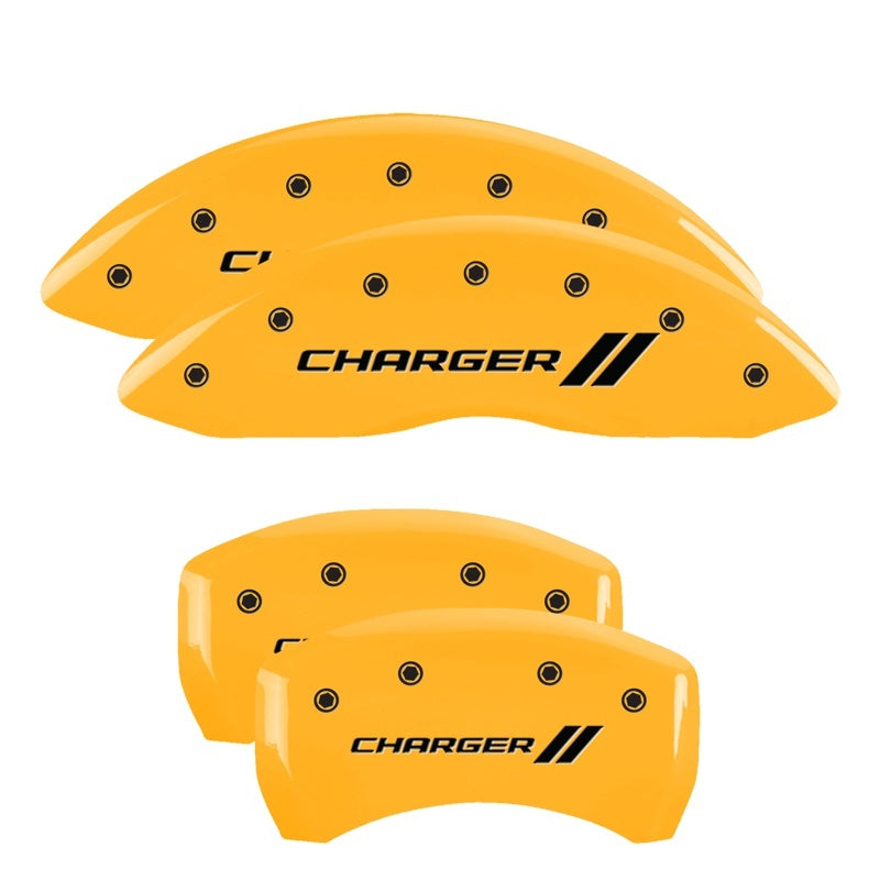 Load image into Gallery viewer, MGP 4 Caliper Covers Engraved Front & Rear With stripes/Charger Yellow finish black ch