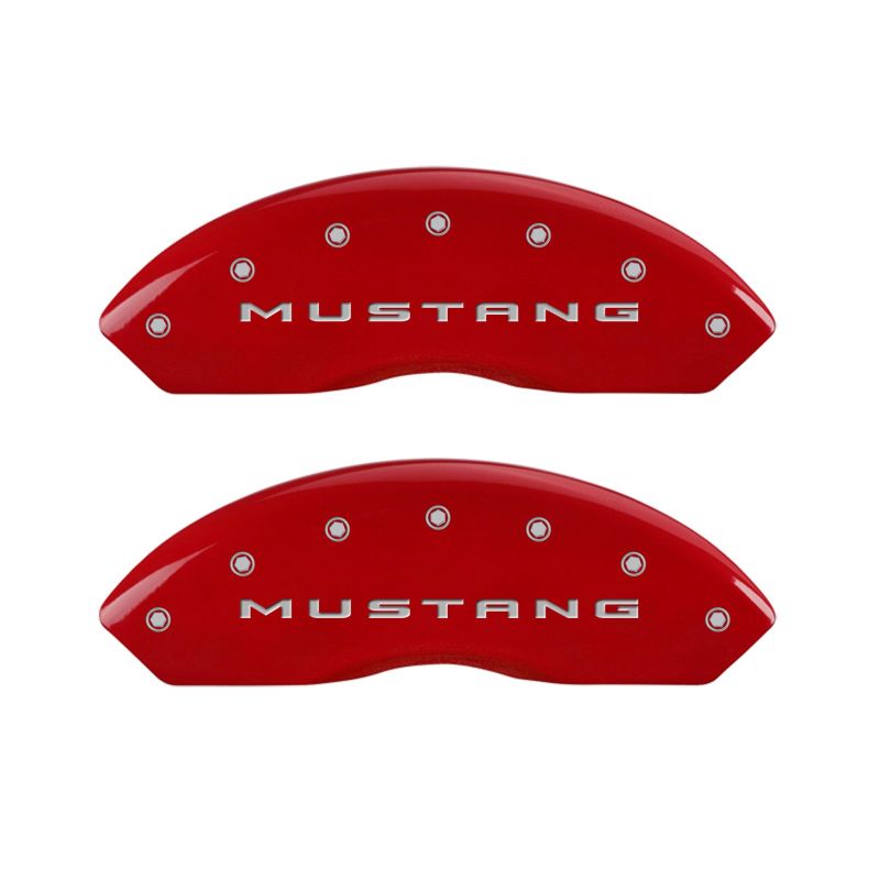 Load image into Gallery viewer, MGP 4 Caliper Covers Engraved Front 2015/Mustang Engraved Rear 2015/37 Red finish silver ch