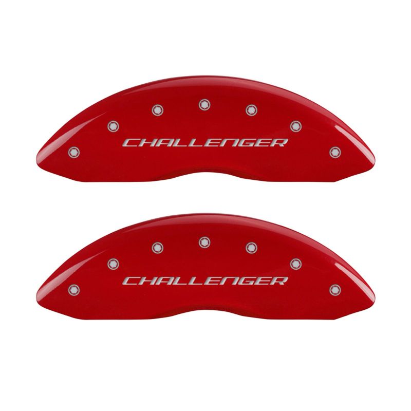 Load image into Gallery viewer, MGP 4 Caliper Covers Engraved Front Block/Challenger Engraved Rear Vintage Style/RT Red fnsh slvr ch