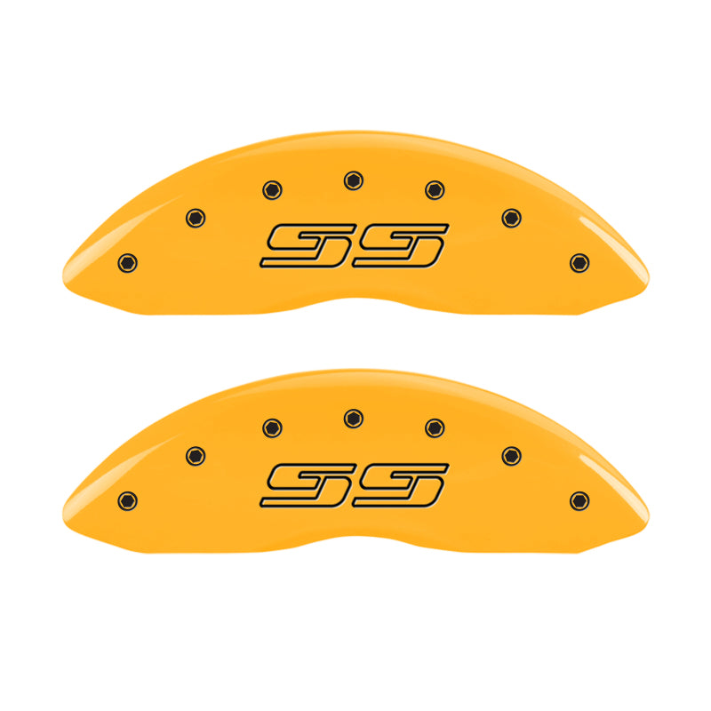 Load image into Gallery viewer, MGP 4 Caliper Covers Engraved F & R Avalanche SS Yellow Finish Blk Char 2008 Chevy Express 2500