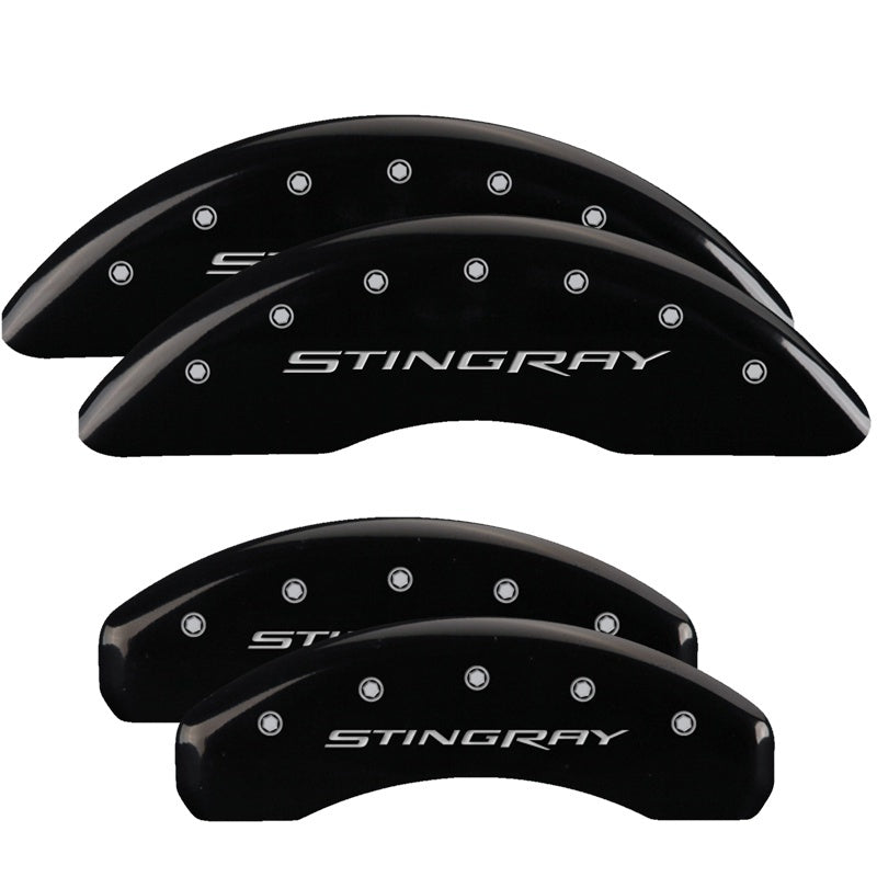 Load image into Gallery viewer, MGP 4 Caliper Covers Engraved Front & Rear Stingray Black finish silver ch