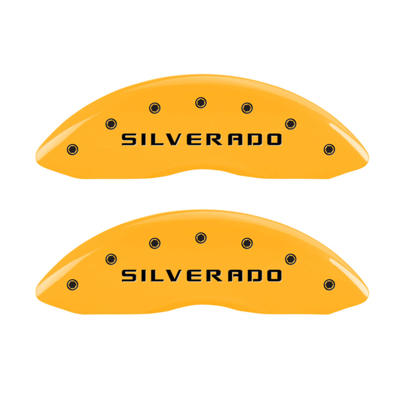 Load image into Gallery viewer, MGP 4 Caliper Covers Engraved Front & Rear Silverado Yellow Finish Blk Char 04 Chevy Avalanche 1500