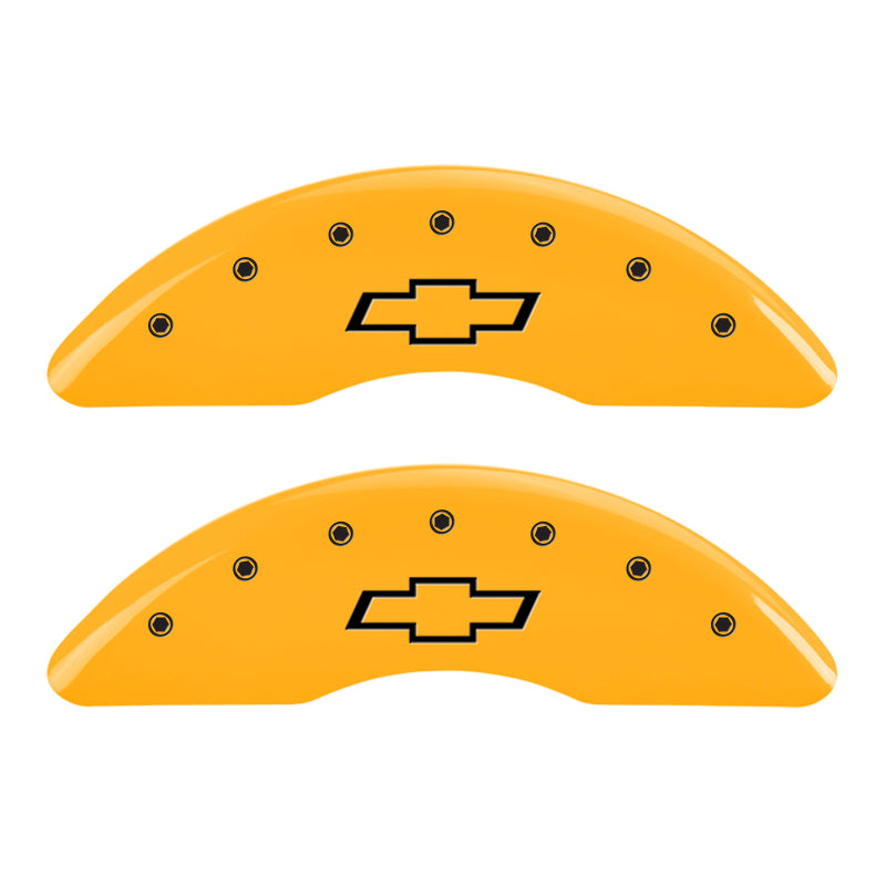 Load image into Gallery viewer, MGP 4 Caliper Covers Engraved Front & Rear Bowtie Yellow finish black ch