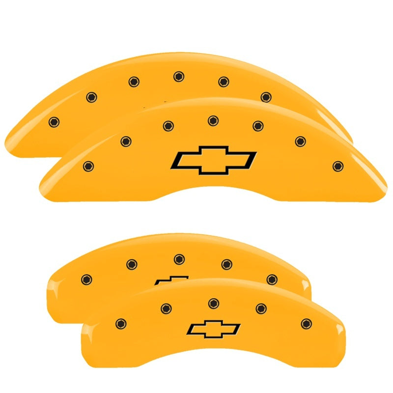 Load image into Gallery viewer, MGP 4 Caliper Covers Engraved Front & Rear Bowtie Yellow finish black ch
