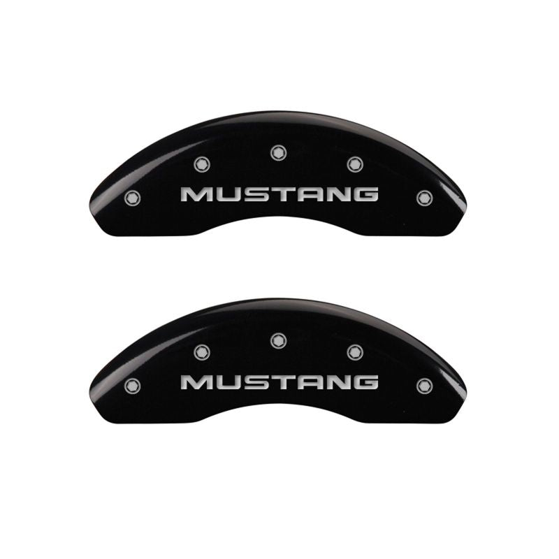 Load image into Gallery viewer, MGP 4 Caliper Covers Engraved Front Mustang Engraved Rear Pony Black finish silver ch