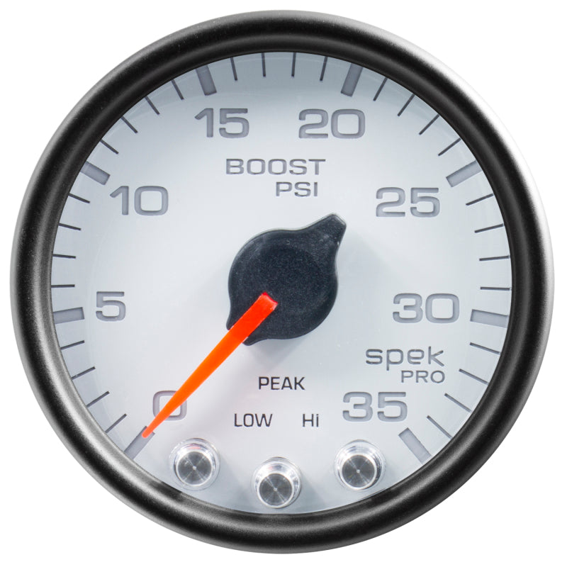 Load image into Gallery viewer, Autometer Spek-Pro Gauge Boost 2 1/16in 35psi Stepper Motor W/Peak & Warn White/Black