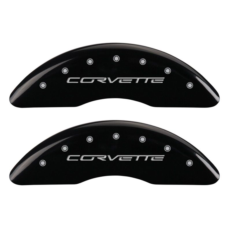 Load image into Gallery viewer, MGP 4 Caliper Covers Engraved Front & Rear C6/Corvette Black finish silver ch