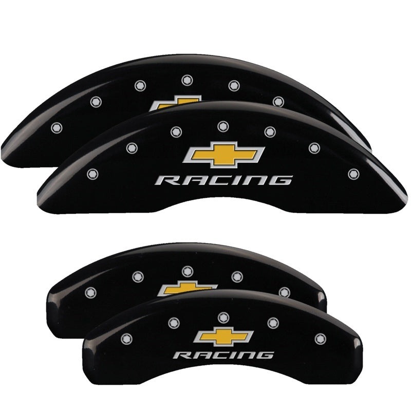 Load image into Gallery viewer, MGP 4 Caliper Covers Engraved F & R Chevy Racing Black Finish Silver Char 2019 Chevrolet Camaro