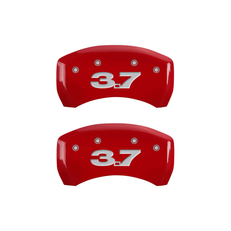 Load image into Gallery viewer, MGP 4 Caliper Covers Engraved Front Mustang Engraved Rear 37 Red finish silver ch