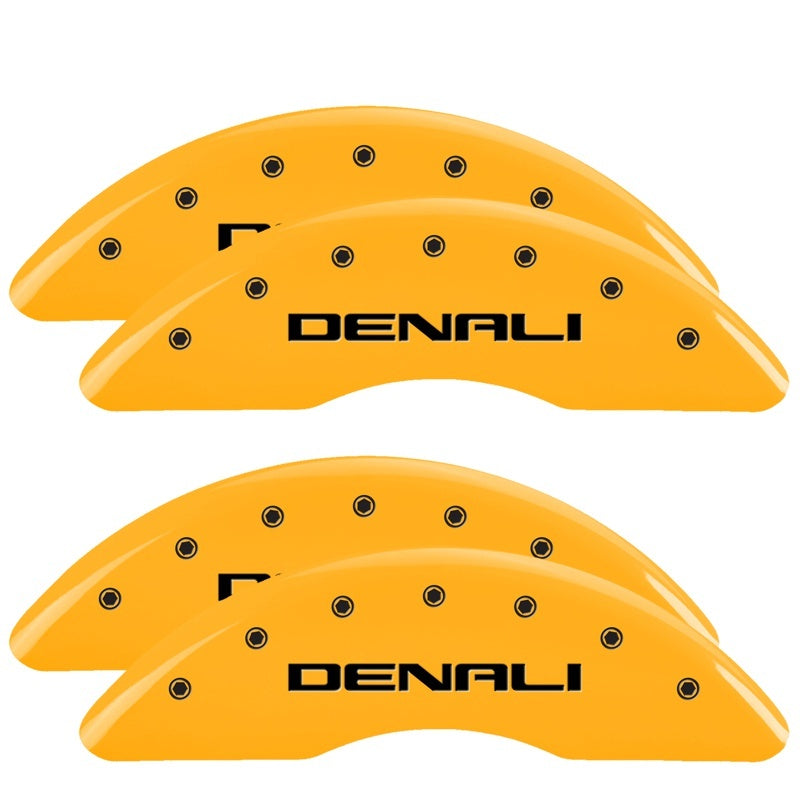 Load image into Gallery viewer, MGP 4 Caliper Covers Engraved Front & Rear Denali Yellow finish black ch