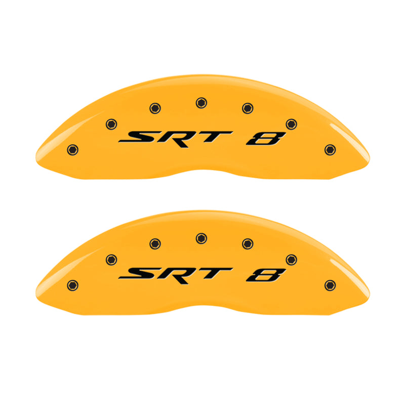 Load image into Gallery viewer, MGP 4 Caliper Covers Engraved Front & Rear Srt8 Yellow Finish Black Char 2006 Jeep Commander