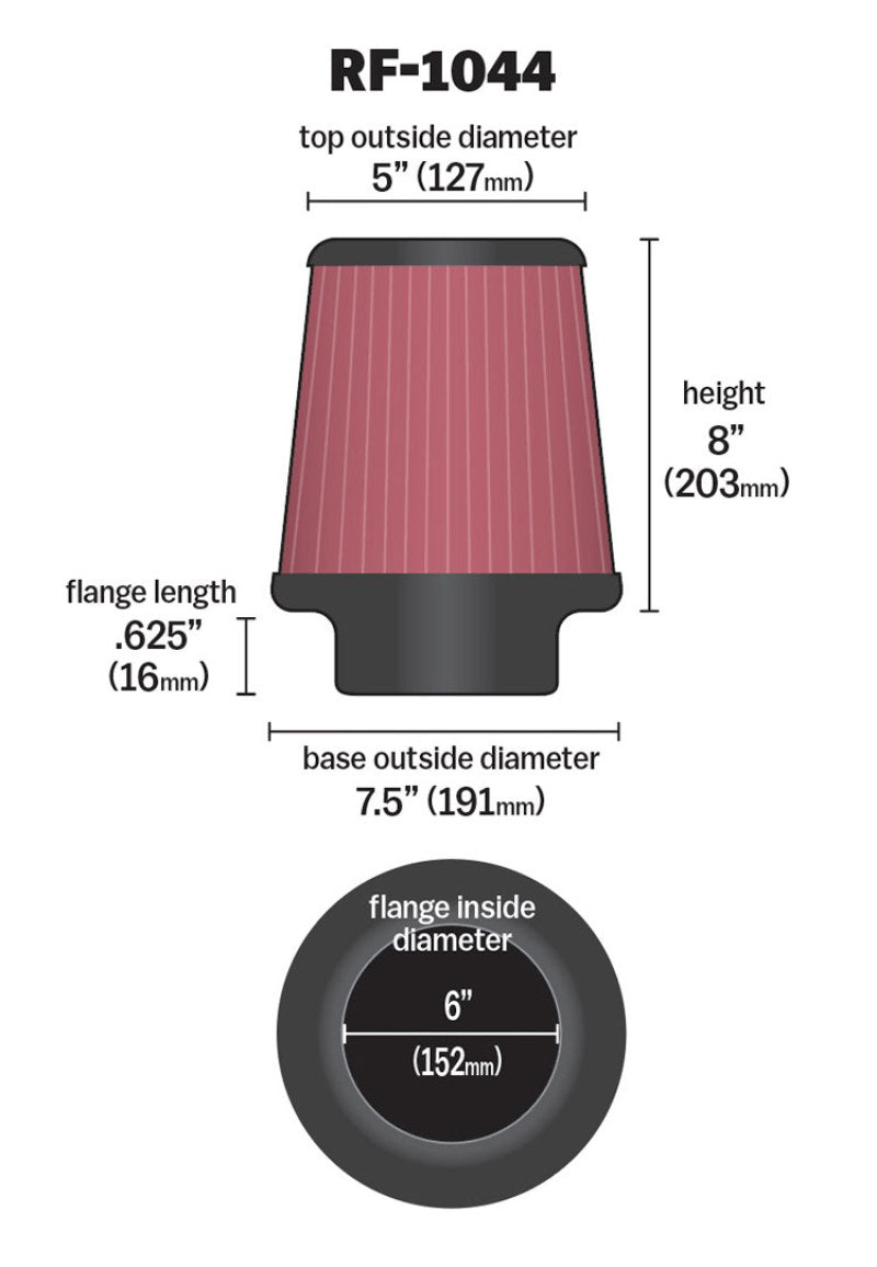 Load image into Gallery viewer, K&N Round Tapered Universal Air Filter 6 inch Flange 7.5 inch Base 5 inch Top 8 inch Height