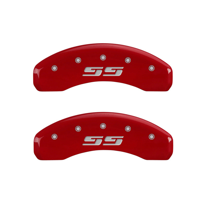 Load image into Gallery viewer, MGP 4 Caliper Covers Engraved Front & Rear Silverado style/SS Red finish silver ch