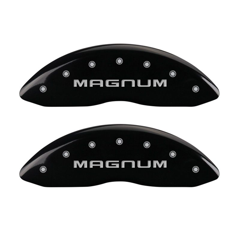Load image into Gallery viewer, MGP 4 Caliper Covers Engraved Front & Rear Magnum Black finish silver ch