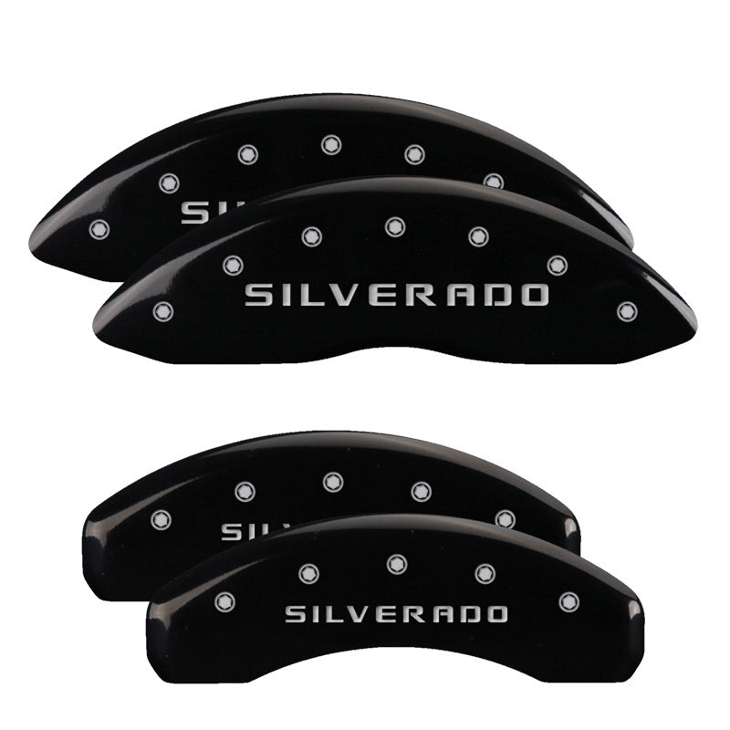 Load image into Gallery viewer, MGP 4 Caliper Covers Engraved Front & Rear Silverado Black finish silver ch