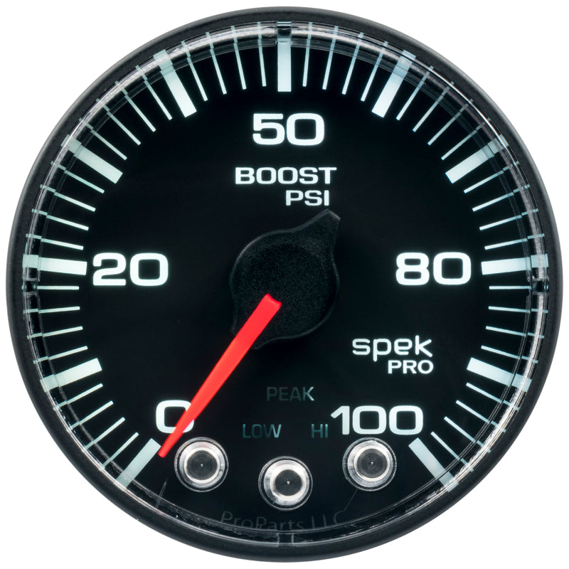 Load image into Gallery viewer, Autometer Spek-Pro Gauge Boost 2 1/16in 100psi Stepper Motor W/Peak & Warn Blk/Blk